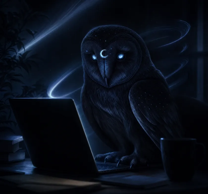 An owl working at a laptop in the dark