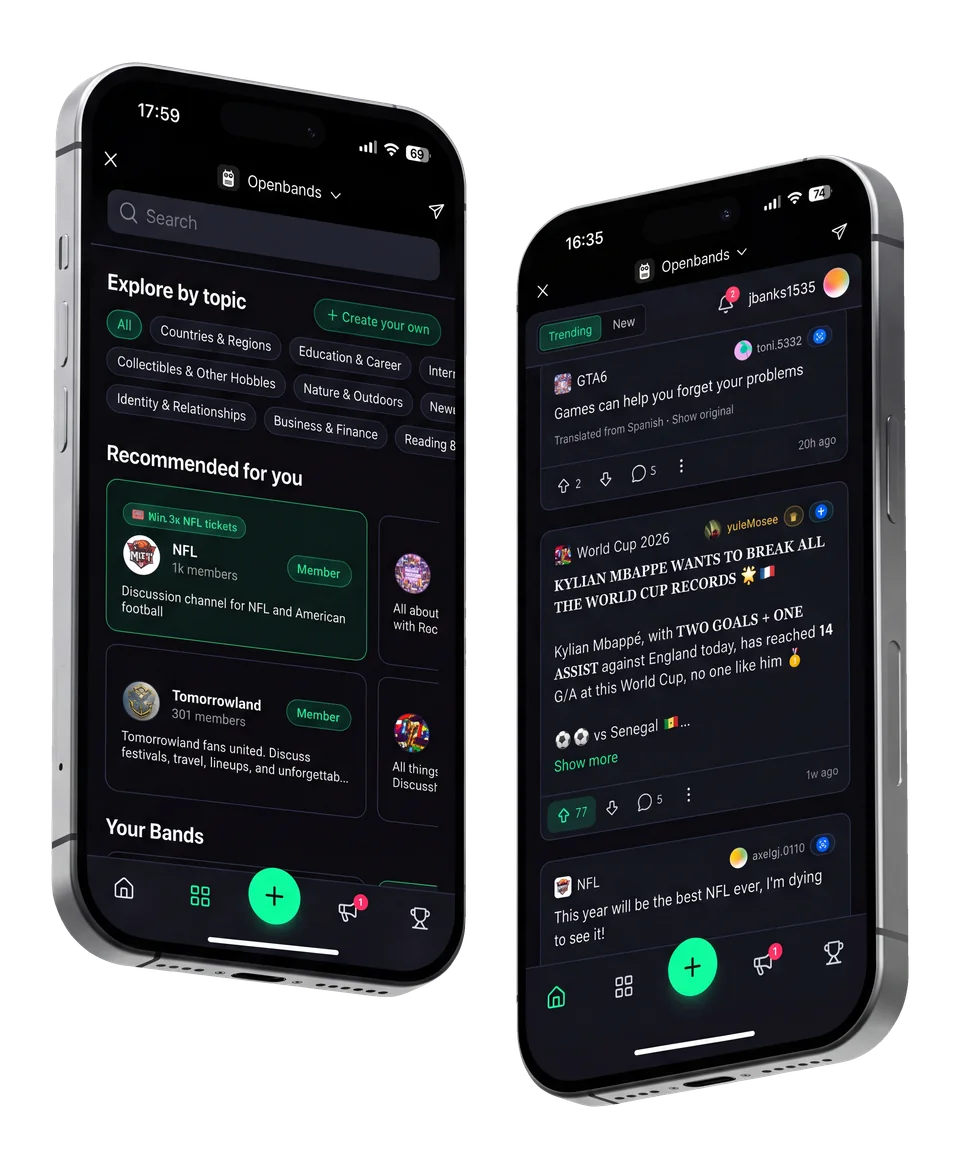 Openbands on a phone: the Bands directory on one screen, the feed on another